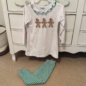 White Gingerbread Long Sleeve Top with Green Striped Leggings